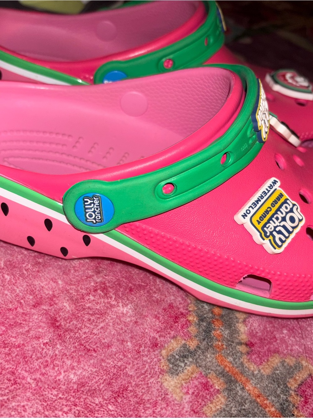 CROCS Kids Bright Pink Clogs with Green Strap and Candy Charms - Picture 2 of 3